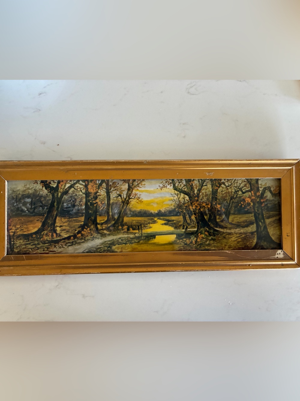 Vintage Gold-Wood Framed landscape Art Print  glowing yellow stream & trees